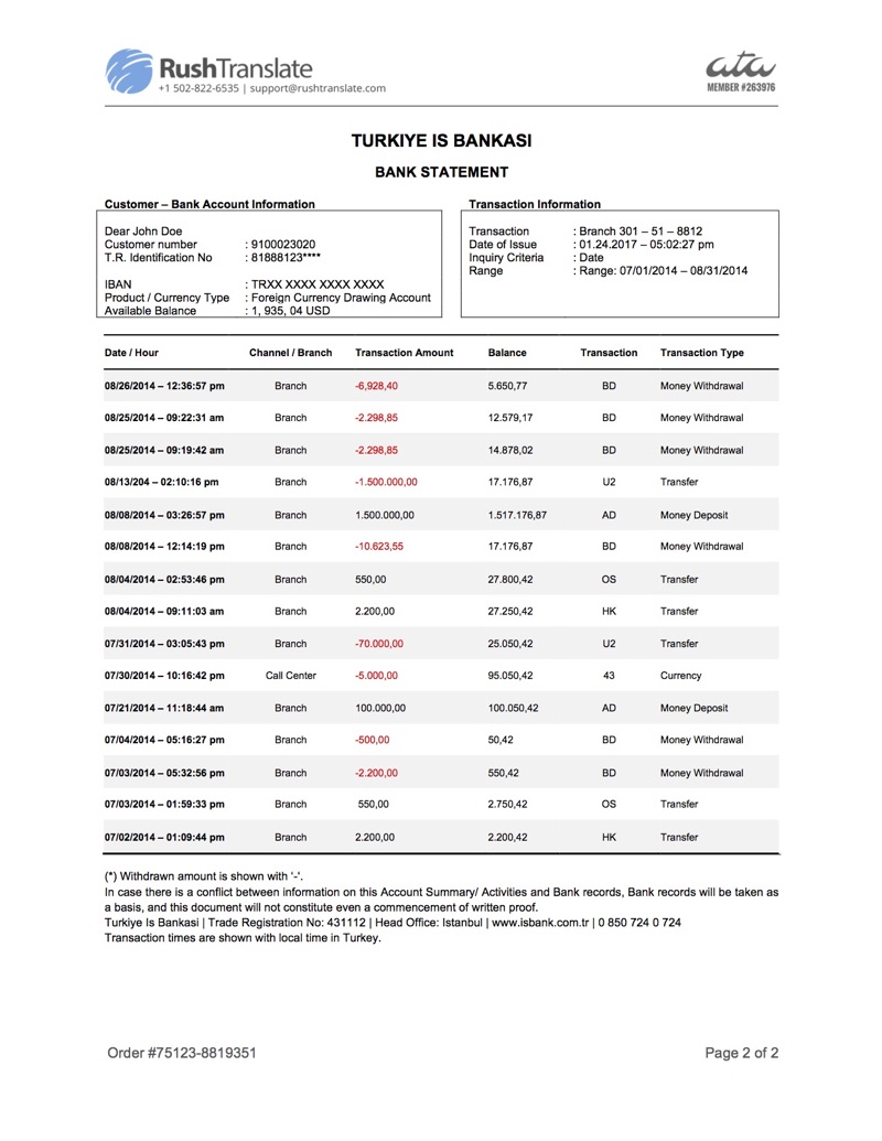 Sample Bank Statement Translation